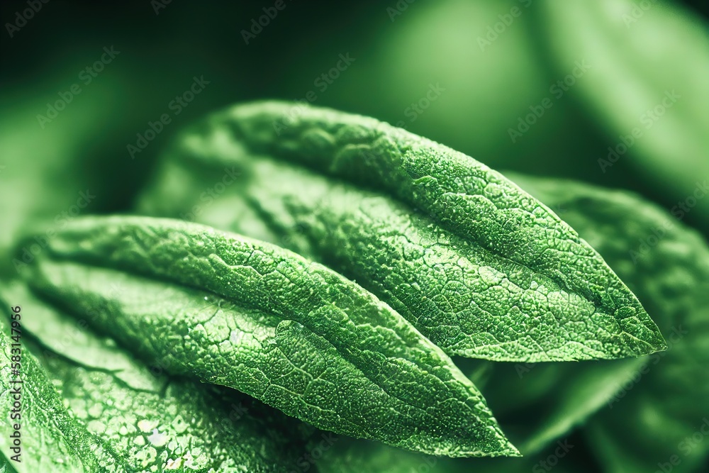 Canvas Prints Extreme closeup of green peppermint herb leaf background 3D render digital illustration., created with generative ai