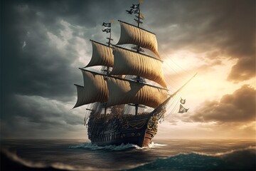 Fototapeta na wymiar A pirate ship sails on a sea. Illustration. AI generated