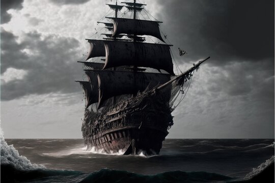 A pirate ship sails on a sea. Illustration. AI generated © VirgoStudio