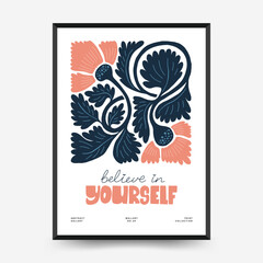 Abstract floral posters template. Modern trendy Matisse minimal style. Pink and blue colors. Hand drawn design for wallpaper, wall decor, print, postcard, cover, template, banner. 