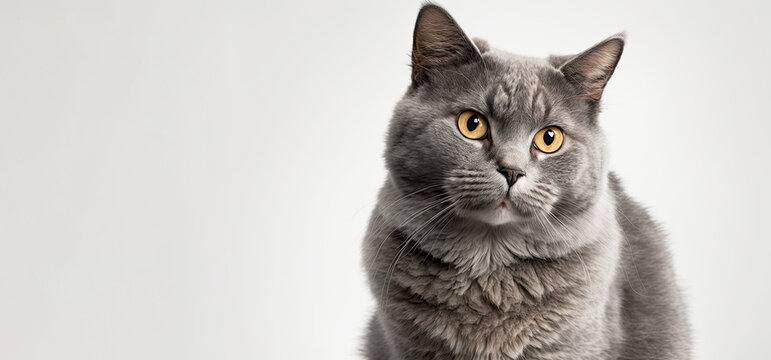 Portrait of a British cat on a white isolated background for advertising. Pet concept.