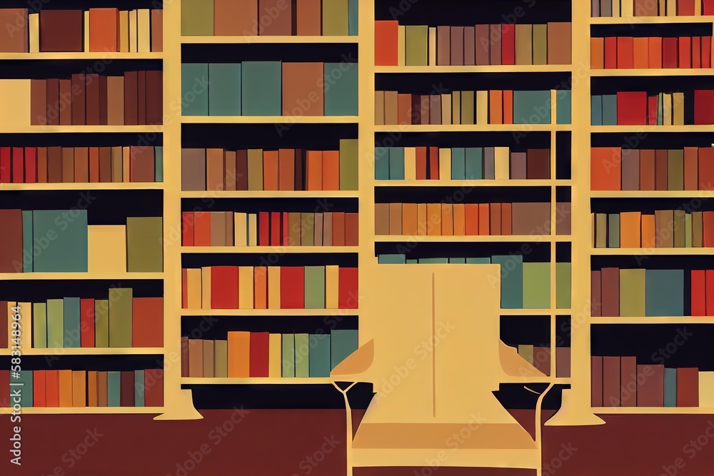 Poster Colorful library shelves with books as literature and education concept simple digital illustration., created with generative ai