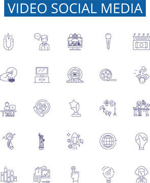 Video social media line icons signs set. Design collection of Vlogging, Streaming, StreamingLive, VideoSharing, Videoconferencing, Collaboration, Networking, Connecting outline concept vector