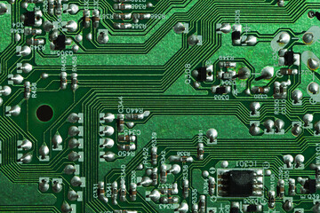 Greeb printed circuit board, high-tech background, micro electronics