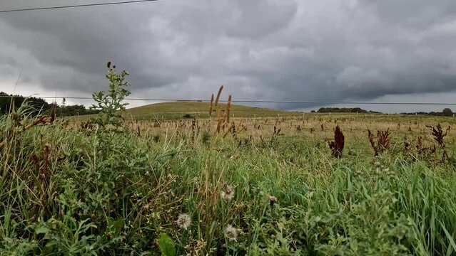 Time lapse footage of clouds moving over green fields in the Thy national park, Denmark