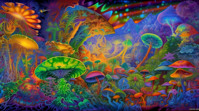 Exploring Psychedelic Realms Trippy Landscapes and Surreal Hallucinations of DMT LSD and Psilocybin Experiences made with Generative AI