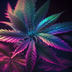 Cannabis leaves on black background with flare. Aesthetic vibrant abstract background with hemp foliage in neon light, AI generative