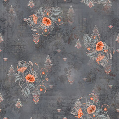 Flower bunch with grey geometrical background seamless pattern