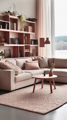 Modern living room with wooden shelves, elegant understated interior, AI generative