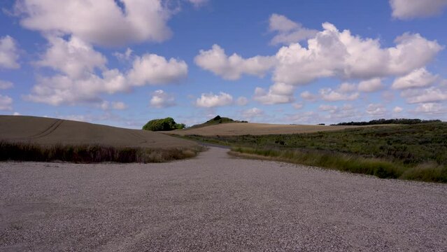 Sandy empty alley in the green field in Nationalpark Thy, Denmark