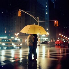 Romantic Couple Kissing and Hugging Under Umbrella at Night, AI Generative