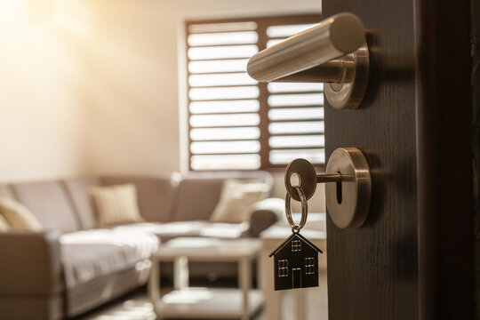 Open door to a new home with key and home shaped keychain. Mortgage, investment, real estate, property and new home concept