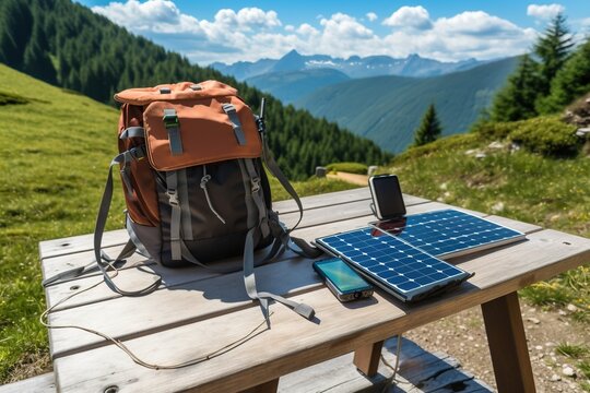 Portable solar panel charging mobile device on rustic wooden table, backpack and stunning view of the mountains. AI generative powered.