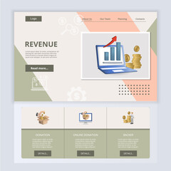 Revenue flat landing page website template. Donation, online donation, backer. Web banner with header, content and footer. Vector illustration.