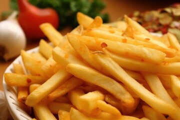 Delicious french fries. Template for restaurants. Food photography. Generative AI.