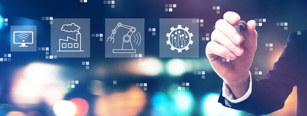 Smart industry concept with businessman on night city background