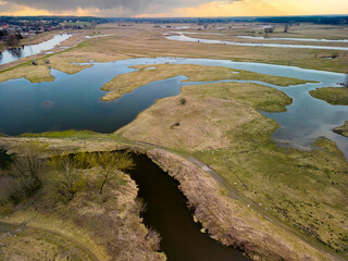 Flood plain of the river on the early spring, aerial view.