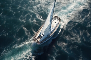 Obraz premium Yacht in the sea, top view from the mast. AI generative.