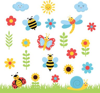 Funny cartoon insects. Bright flowers and twigs. Children's illustration. 
