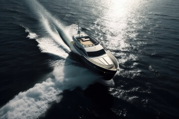 Yacht in the sea, top view, background. AI generative.