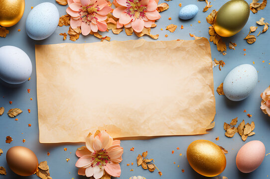 Easter card, top down view of paper with easter eggs and flowers with copy space. Spring easter website header, poster. Easter sale, discounts. Generative AI.
