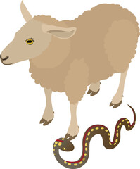 Surrounding world icon isometric vector. Crawling desert cobra near white sheep. Biological diversity concept