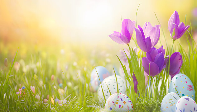 Easter banner, easter eggs on a grass with spring flowers. Festive website banner, happy easter poster with copy space. Beautiful, colorful easter card. Generative AI.