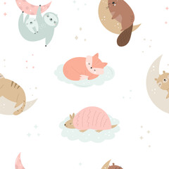Seamless pattern with cute sleeping animals in pastel colors for prints, kids clothing, decorations, nursery