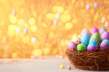Easter banner, easter eggs in basket on a table with background. Festive website banner, happy easter poster with copy space. Beautiful, colorful easter card. Generative AI.