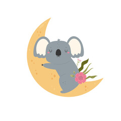 Little cute koala sleeping on the moon. Adorable animal vector design, illustration