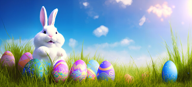 Easter banner with easter eggs and bunny on a meadow with blue sky. Festive website header, happy easter poster with copy space. Beautiful, colorful easter card. Generative AI.