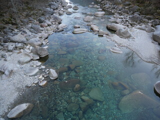 The crystalline and emerald waters in the canyons of the Verzasca river. Lavertezzo, Switzerland.