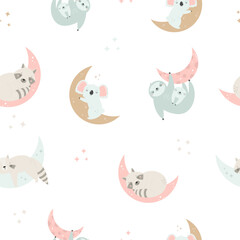 Seamless pattern with cute sleeping animals in pastel colors for prints, kids clothing, decorations, nursery