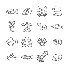 Seafood line icon set. Vector collection with tuna, crab, lobster, shrimp, trout, caviar, squid, octopus. Editable stroke. - 583153790