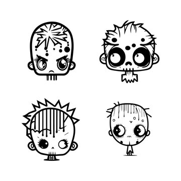 cute kawaii zombie head collection set hand drawn illustration