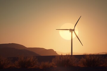 Wind turbine in the desert at sunset. Generative AI