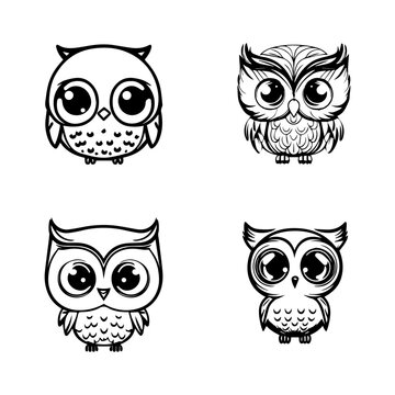 cute kawaii owl collection set hand drawn illustration