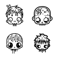 cute kawaii zombie head collection set hand drawn line art illustration
