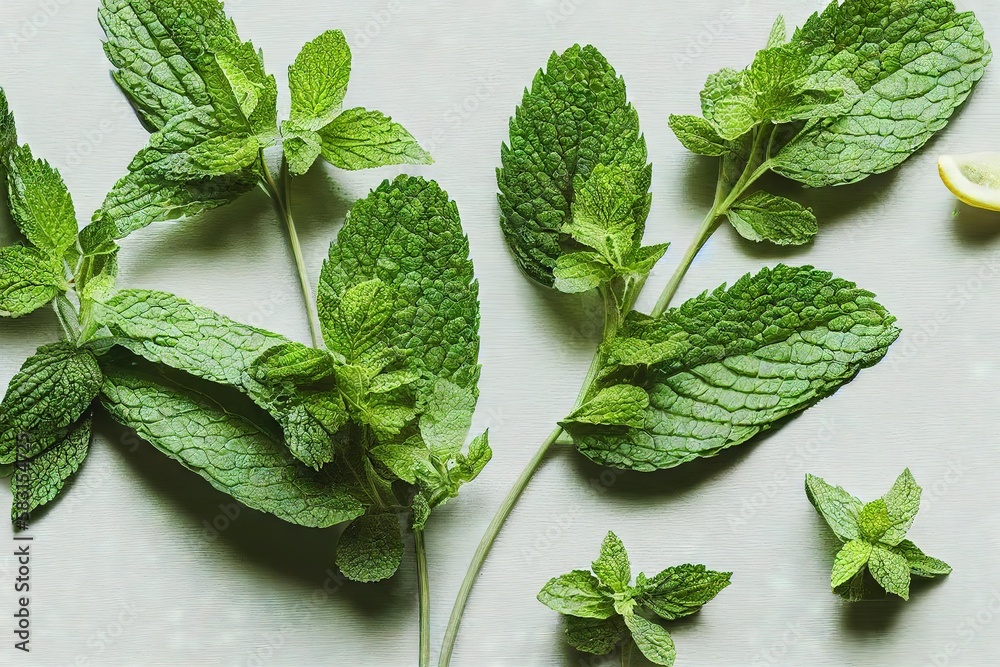 Wall mural Sprigs of peppermint with fresh leaves and a slice of lemon on a white background close-up, created with generative ai