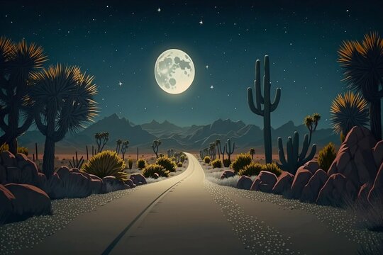 Empty Road leading towards the rising moon. Generative AI