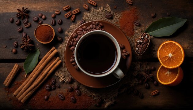 Cup of coffee on old wooden background with coffee bean and cinnamon.