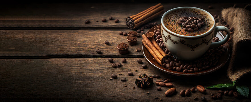Cup of coffee on old wooden background with coffee bean.