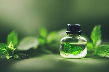 A bottle of peppermint oil and sprigs with mint leaves are illuminated by the rays of the sun.., created with generative ai