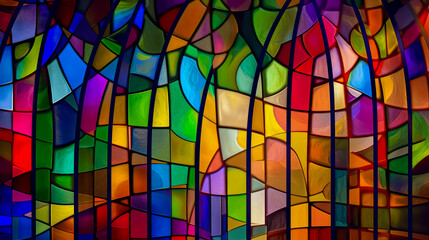 Colorful stained glass window. Abstract stained-glass background. Art Nouveau decoration for interior. Vintage pattern. Generative AI