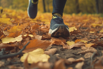 Close up feet of woman running or jogging in the park on the autumn season in the morning.