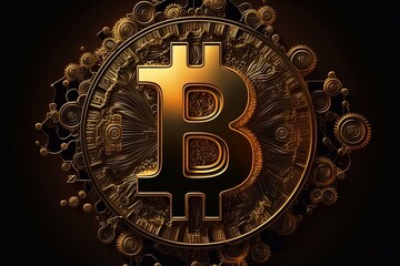 Golden bitcoin isolated on black background. Generative AI