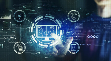 Telehealth theme with young man touching a digital screen at night