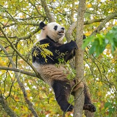 Obraz premium A giant panda climbing in a tree