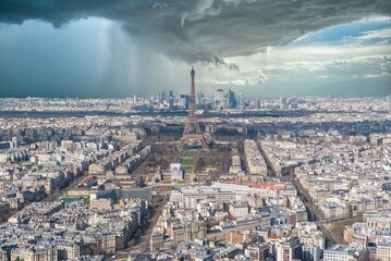 Paris, aerial view of the Eiffel Tower in a storm
