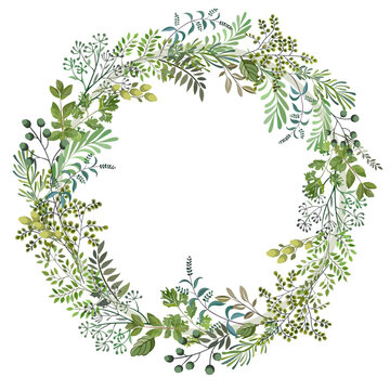 Flowers with leaves, round wreath isolated on white background. Spring art print with botanical elements. Folk style. Posters for the spring holiday. ..